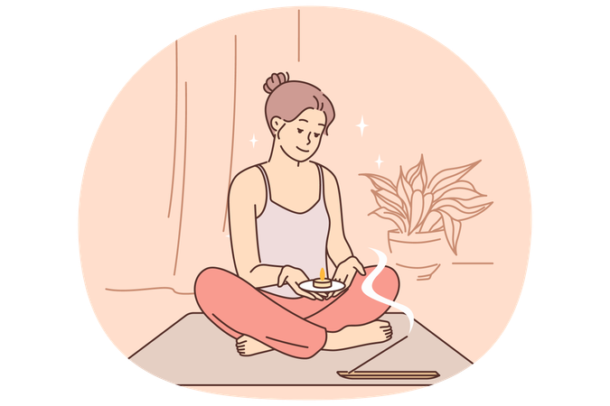 Meditating woman does yoga and uses aroma candles during spiritualistic session  Illustration