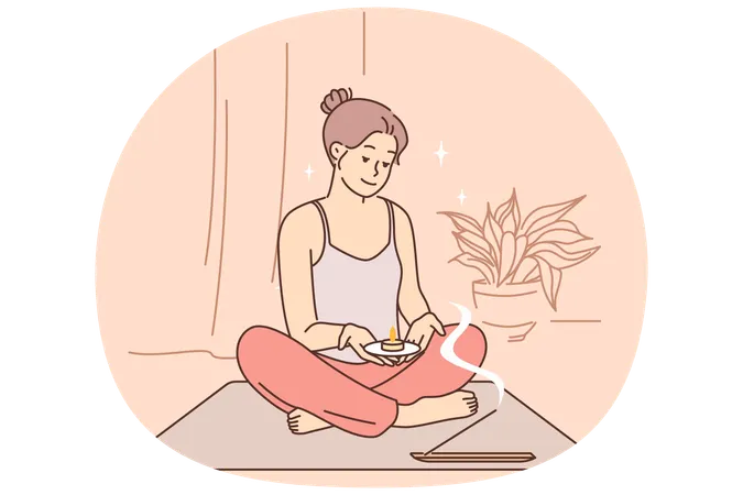 Meditating woman does yoga and uses aroma candles during spiritualistic session  Illustration