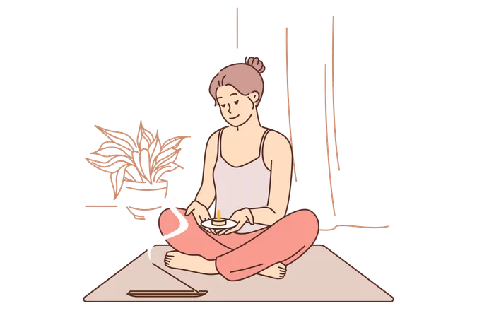 Meditating Woman Does Yoga And Uses Aroma Candles During Spiritualistic Session And Sits In Lotus Position Meditating Girl Wants To Achieve Awareness Or Get Rid Of Psychological Problems Illustration