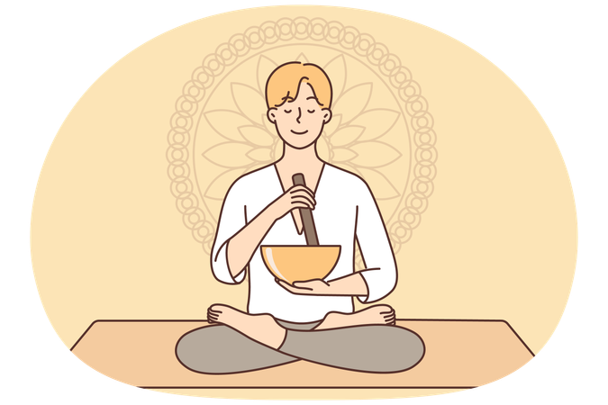 Meditierender Mann sitzt im Lotussitz auf einer Yogamatte und führt mithilfe einer Schüssel ein uraltes Ritual durch  Illustration