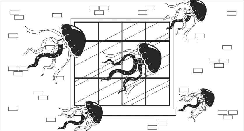 Ventana flotante de medusas surrealista  Ilustración