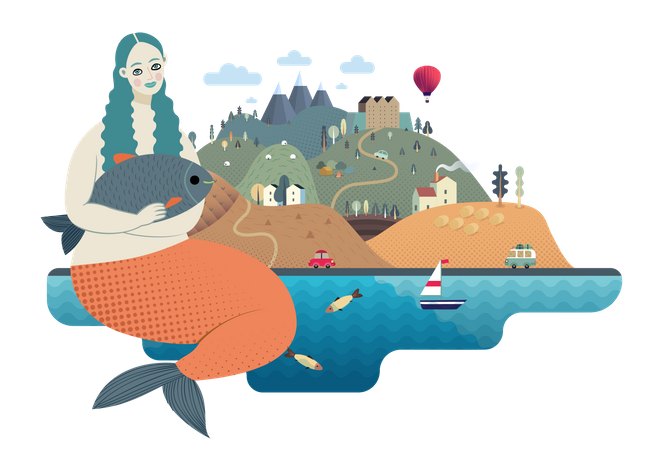 Meerjungfrau sitzt in der Nähe einer magischen Insel  Illustration
