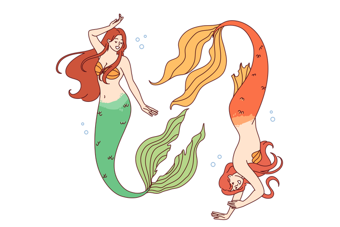 Meerjungfrauen schwimmen tief unter Wasser und demonstrieren die Fähigkeit, auf den Meeresboden zu tauchen und lange Zeit nicht zu atmen  Illustration
