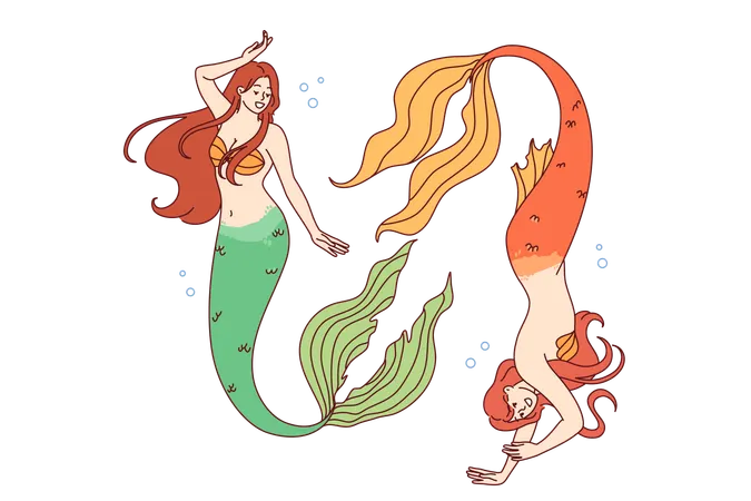 Meerjungfrauen schwimmen tief unter Wasser und demonstrieren die Fähigkeit, auf den Meeresboden zu tauchen und lange Zeit nicht zu atmen  Illustration