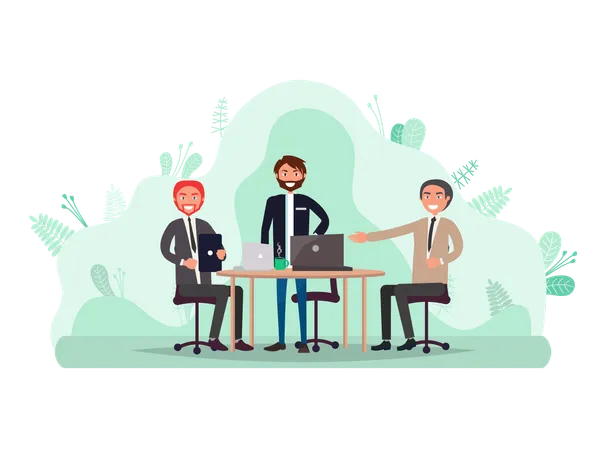 People Meeting In Office Vector Men Discussing Strategy Of Company Businessman With Partners Leaders Of Company Teamwork Of Professionals At Work Illustration