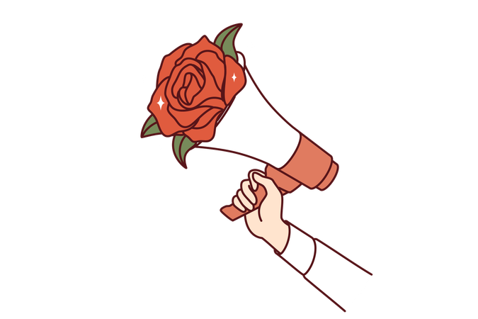 Megaphone with flowers in hands of man metaphor for peaceful protest and call for pacifism  일러스트레이션