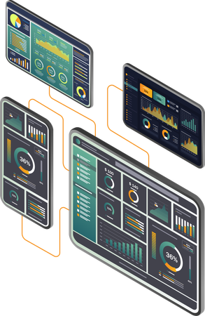 Mehrere Bildschirme zeigen verschiedene Grafiken und Diagramme zur Datenanalyse  Illustration