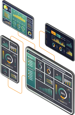 Mehrere Bildschirme zeigen verschiedene Grafiken und Diagramme zur Datenanalyse  Illustration