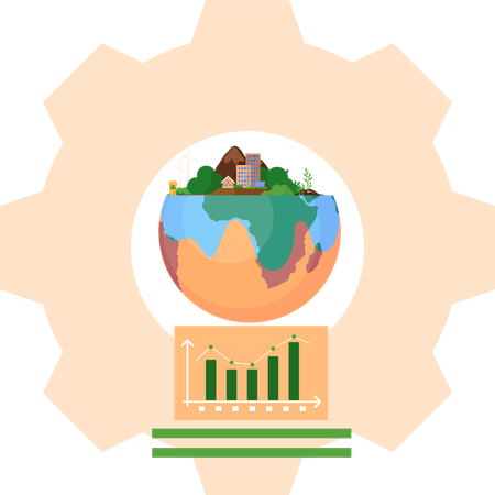 Meio mundo com gráfico ascendente de edifícios da cidade diagrama estatístico  Ilustração