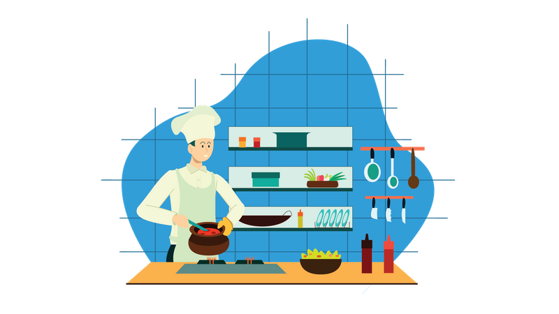 Meisterkoch kocht Essen in der Küche  Illustration
