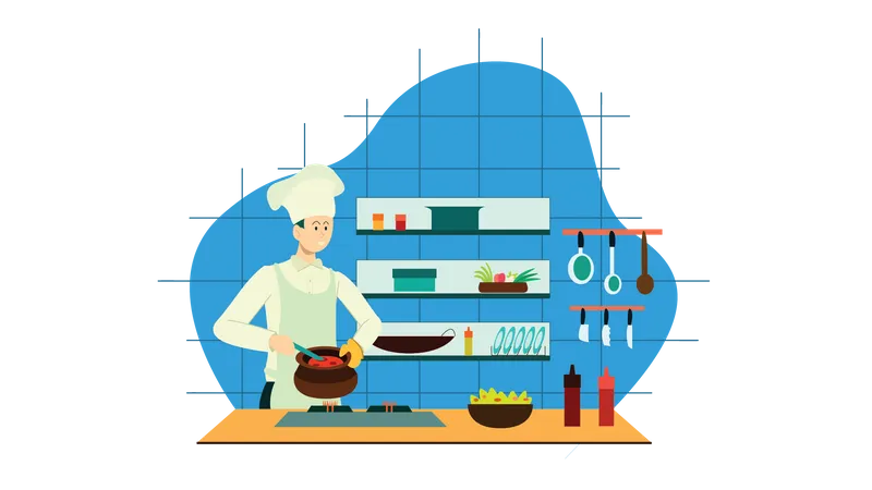 Meisterkoch kocht Essen in der Küche  Illustration