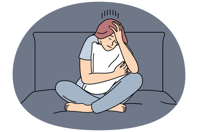 Melancholic woman sad sitting on bed and hugging pillow after quarrel with boyfriend  Illustration