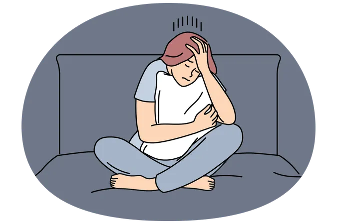 Melancholic woman sad sitting on bed and hugging pillow after quarrel with boyfriend  Illustration