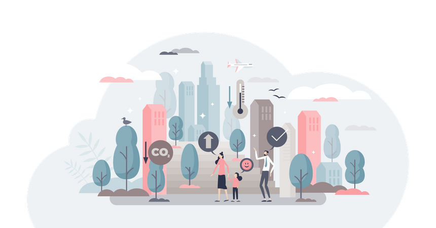 Melhoria do ambiente da cidade com jardinagem de plantas para redução de CO2  Illustration