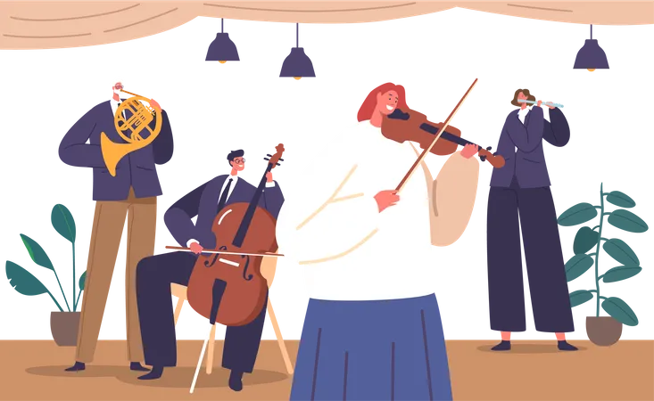 Talented Classical Musicians Captivate The Scene With Their Melodic Performance On Violin French Horn Cello And Flute Showcasing Skill And Passion Through Compositions Cartoon Vector Illustration Illustration