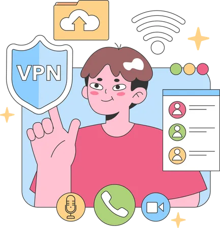 Un membre de l'équipe virtuelle présente un VPN sécurisé  Illustration