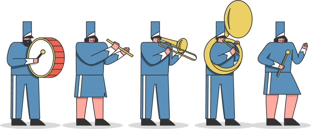 Membres de l'orchestre avec des instruments de musique en uniforme  Illustration