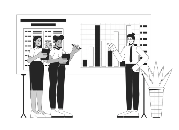 Membres d'une équipe diversifiée discutant des organigrammes de l'entreprise  Illustration