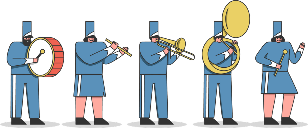 Membros da orquestra com instrumentos musicais vestindo uniforme  Ilustração