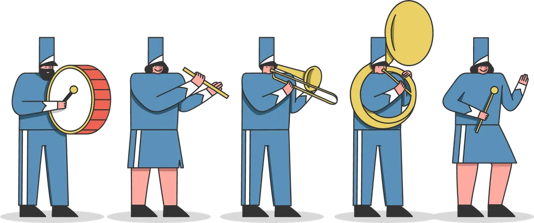 Membros da orquestra com instrumentos musicais vestindo uniforme  Ilustração
