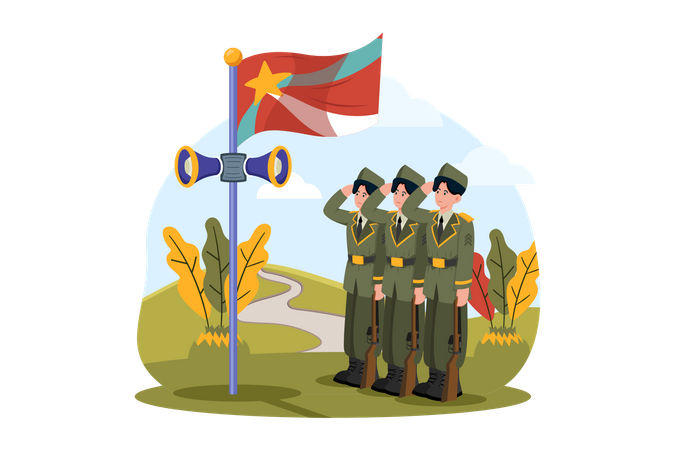 Membros das Forças Armadas participam de cerimônias de hasteamento de bandeiras  Ilustração