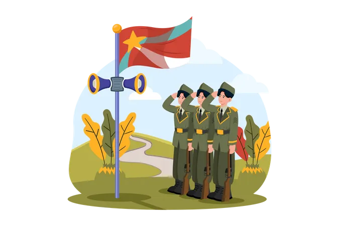 Membros das Forças Armadas participam de cerimônias de hasteamento de bandeiras  Ilustração