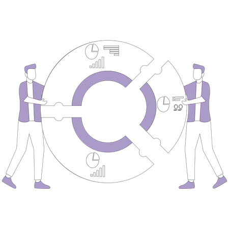Men add up parts of pie chart  Illustration