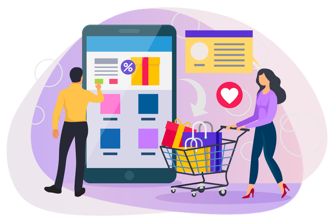 Men and woman adding discounted products in cart Illustration