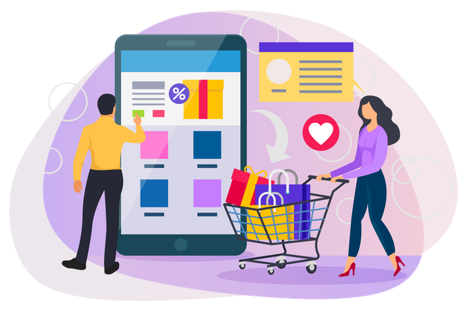 Men and woman adding discounted products in cart  Illustration