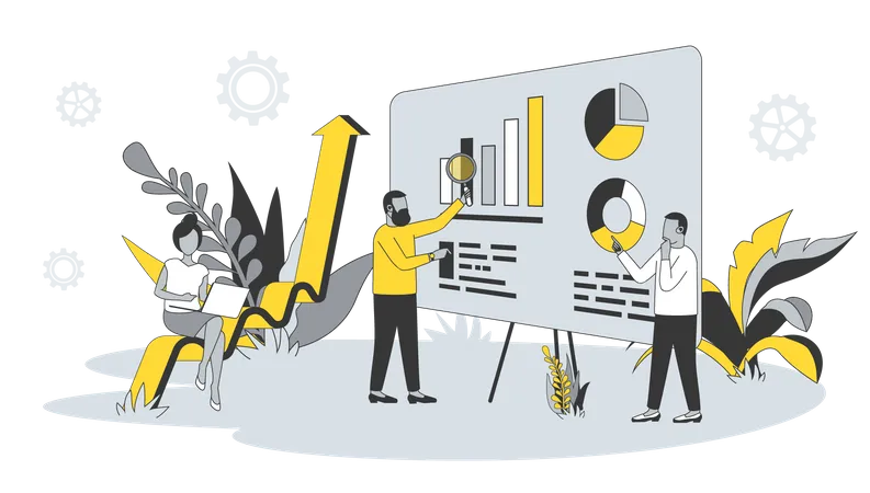 Men and woman analyzing and researching business data  Illustration