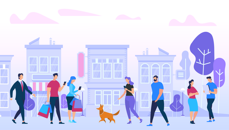 Men and Woman Walking in City using social media on smartphone Illustration