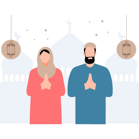 Men and women are greeting Eid  Illustration