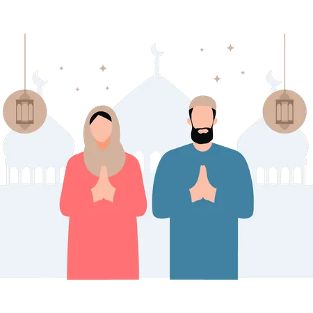 Men and women are greeting Eid  Illustration
