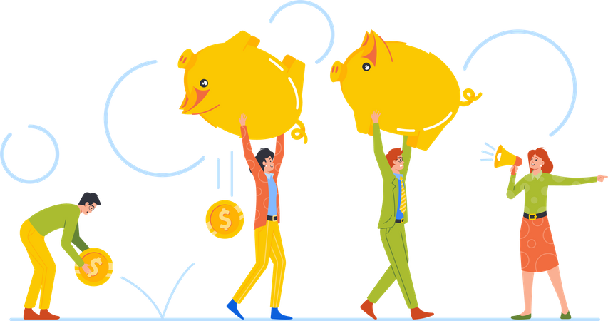 Men And Women Carry Huge Piggy Bank With Coins Fall  Illustration