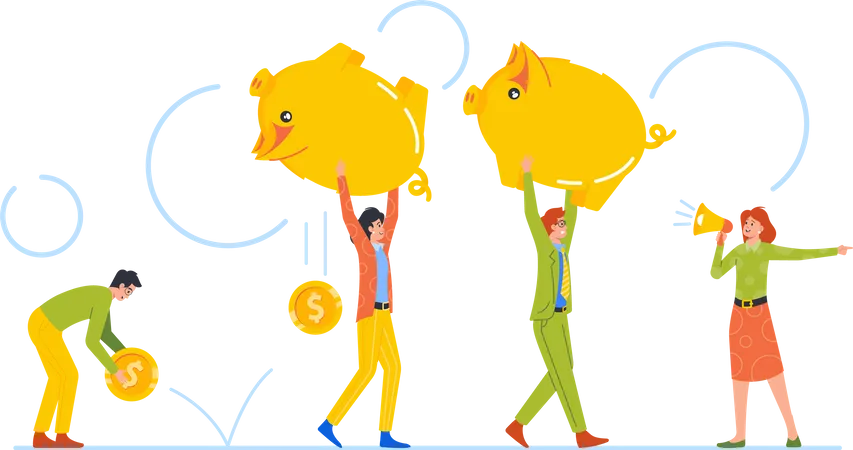 Men And Women Carry Huge Piggy Bank With Coins Fall  Illustration