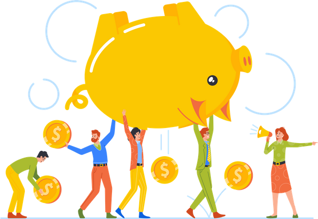 Men And Women Carry Huge Piggy Bank With Coins Falling Down  Illustration