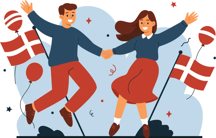 Men and Women Celebrate Denmark Independence Day  Illustration