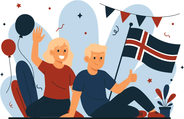 Men and Women Celebrate Iceland Independence Day  Illustration