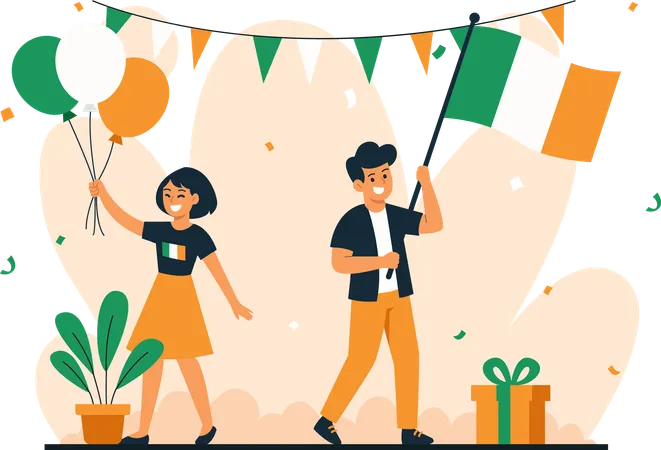 Men and Women Celebrate Ireland Independence Day  Illustration