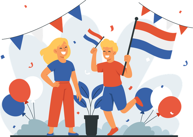 Men and Women Celebrate Netherland Independence Day  Illustration