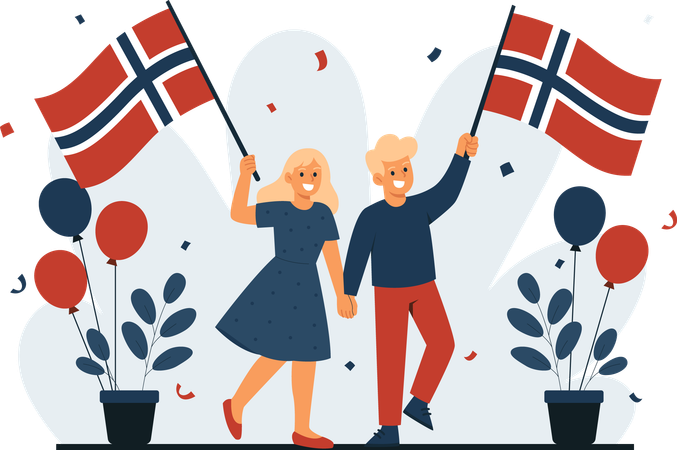 Men and Women Celebrate Norway Independence Day  Illustration