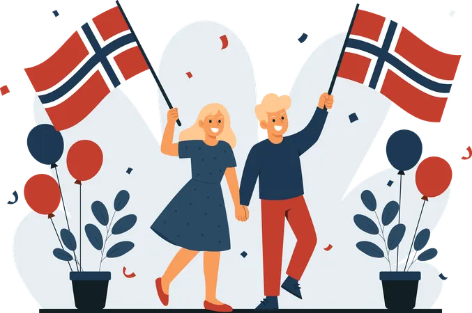 Men and Women Celebrate Norway Independence Day  Illustration