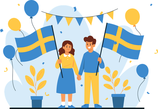 Men and Women Celebrate Sweden Independence Day  Illustration