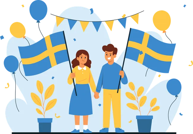 Men and Women Celebrate Sweden Independence Day  Illustration