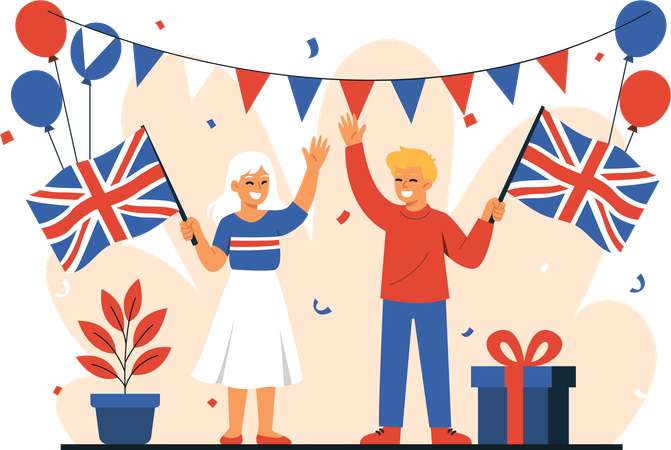 Men and Women Celebrate UK Independence Day  Illustration