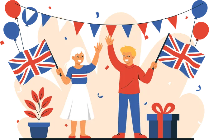 Men and Women Celebrate UK Independence Day  Illustration