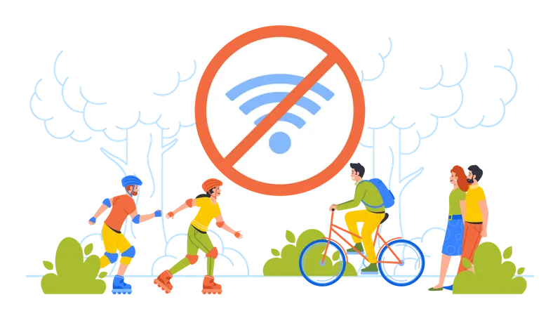 Adult Characters Resting In Green City Park Free Of Internet Men And Women Walking Cycling And Rollerblading Taking Break From Social Networks No Wi Fi Sign Cartoon People Vector Illustration Illustration