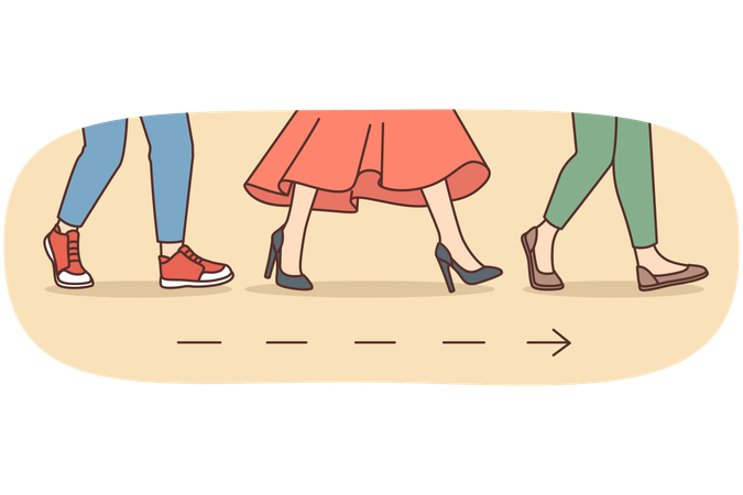 Men and women feet stepping to destination point together  Illustration