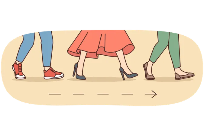 Men and women feet stepping to destination point together  Illustration