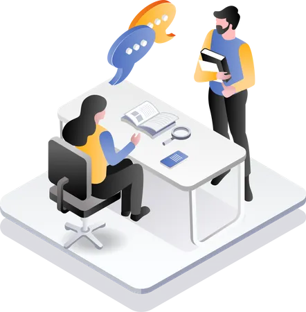 Men and women having a discussion at the desk  Illustration